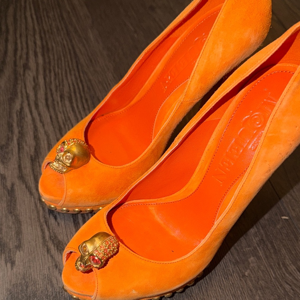 Orange Peep-Toe Heels with Gold Skull Accents